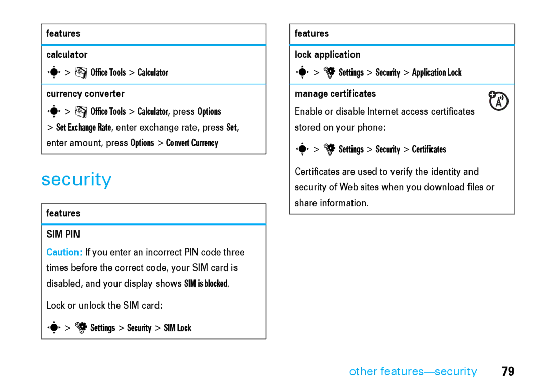 Motorola V8 manual Security, Other features-security 