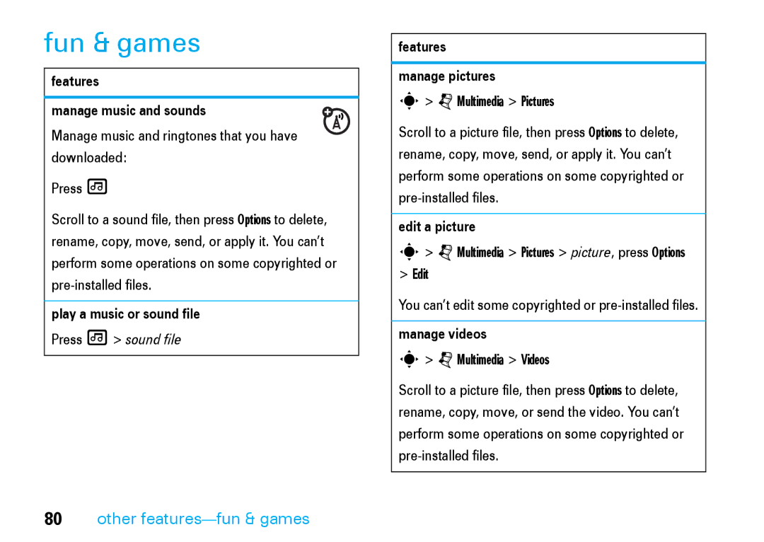 Motorola V8 manual Fun & games, Other features-fun & games 