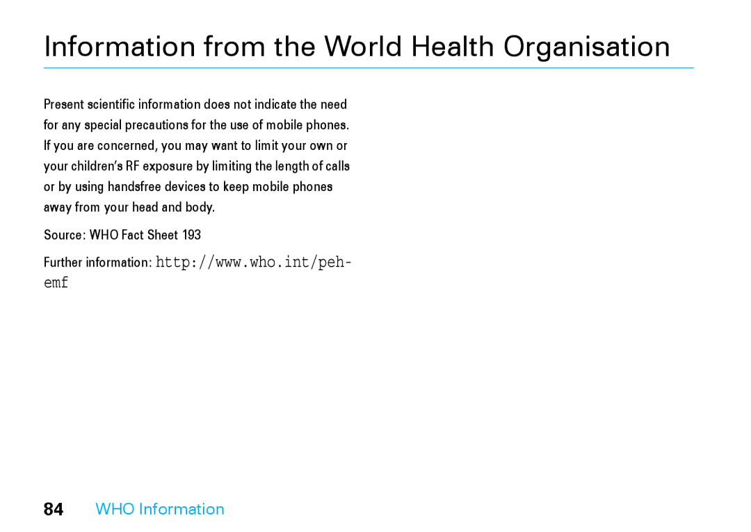 Motorola V8 manual WHO Information, Source WHO Fact Sheet 