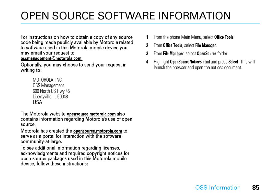 Motorola V8 manual OSS Information, OSS Management North US Hwy Libertyville, IL 