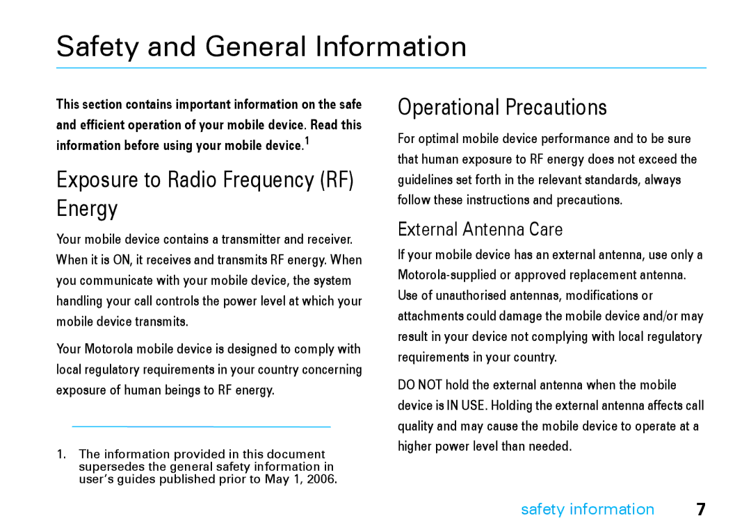 Motorola V8 manual Safety and General Information, Safety information 