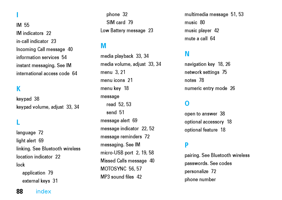 Motorola V8 manual Keypad Keypad volume, adjust 33 Language 72 light alert, Multimedia message 51, 53 music 