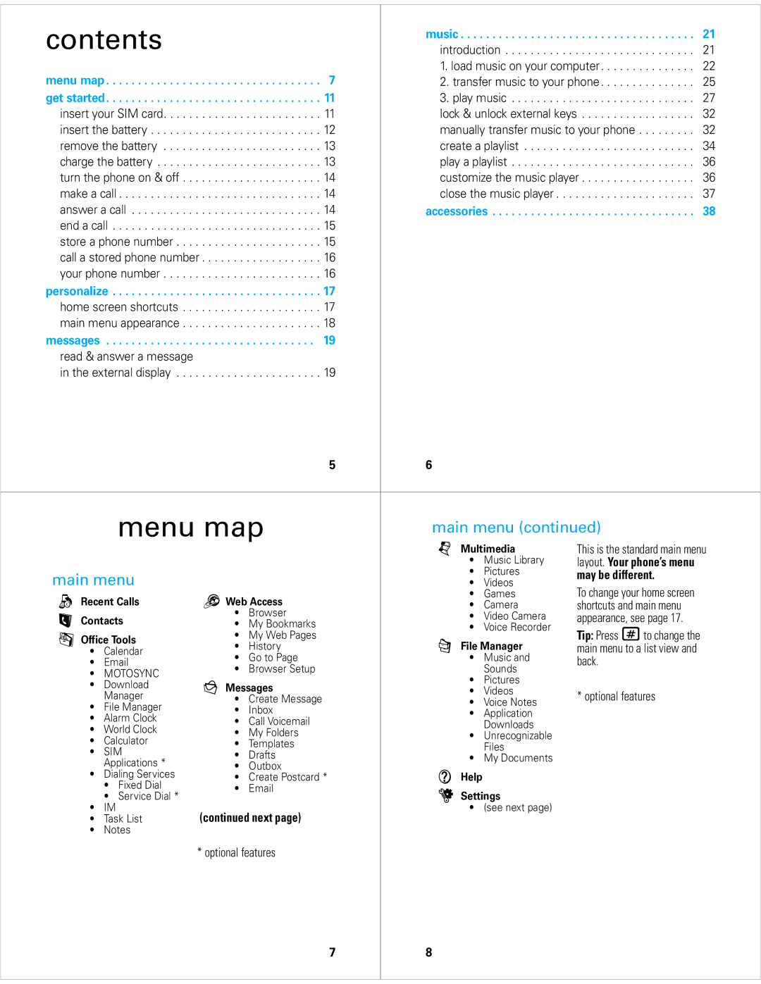 Motorola V8 manual Contents 