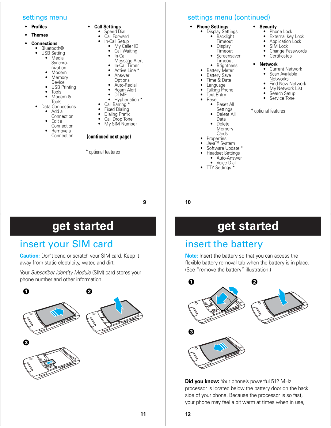 Motorola V8 manual Get started, Insert the battery, Insert your SIM card, Settings menu 