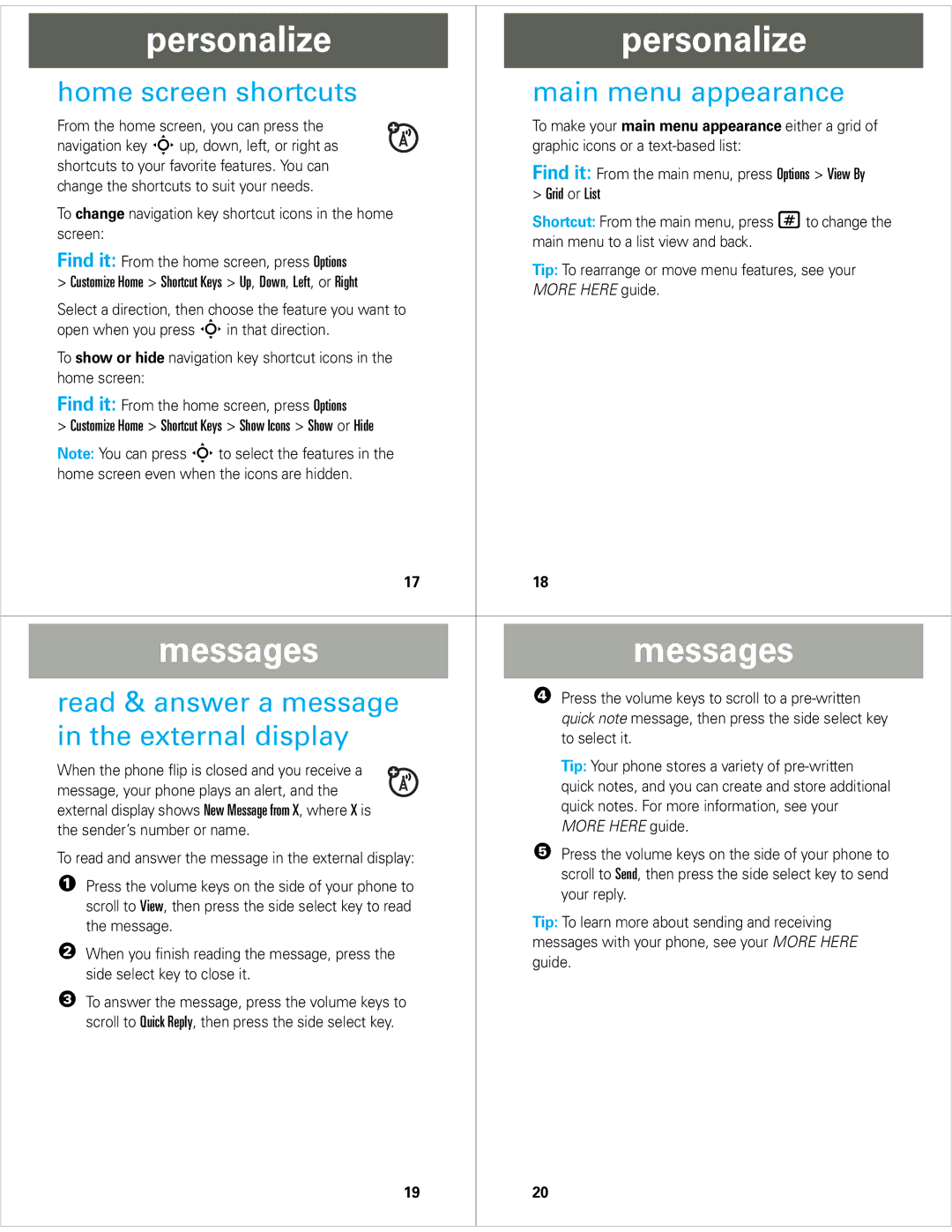 Motorola V8 Personalize, Messages, Home screen shortcuts Main menu appearance, Read & answer a message, External display 