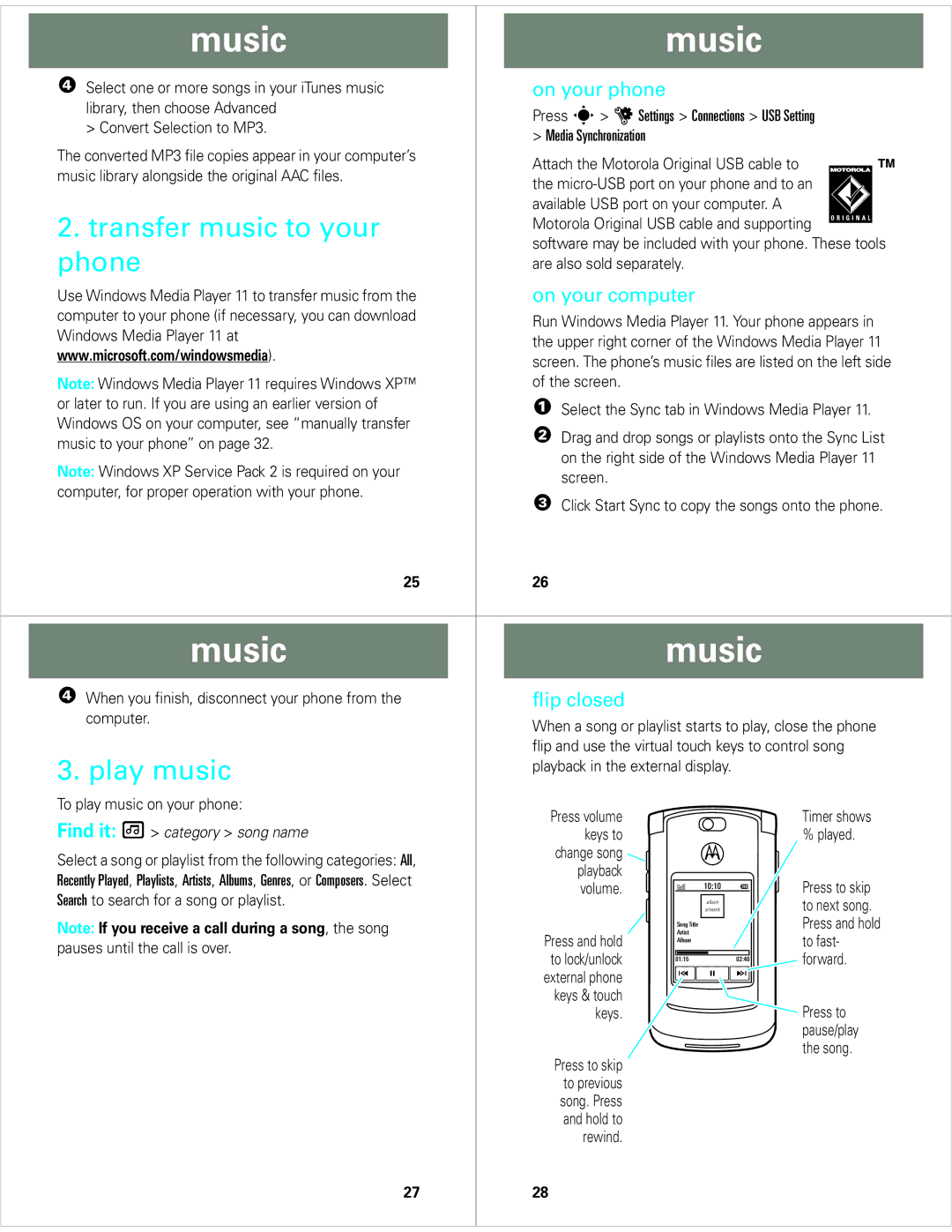 Motorola V8 manual Transfer music to your, Phone, Play music 