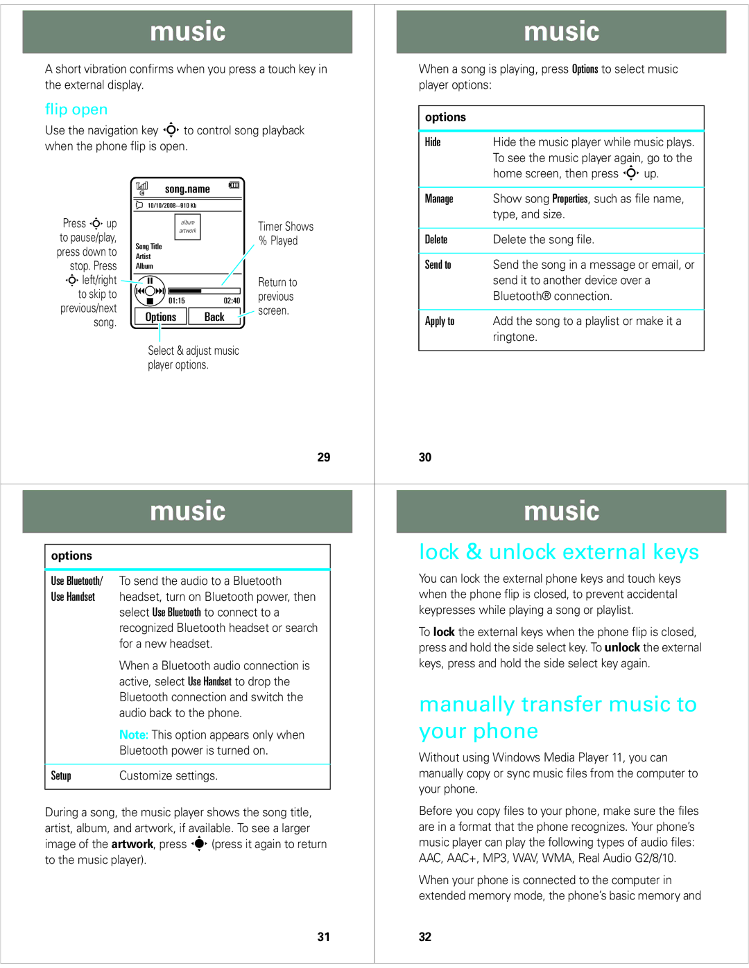 Motorola V8 manual Lock & unlock external keys, Manually transfer music to, Your phone, Flip open, Options 