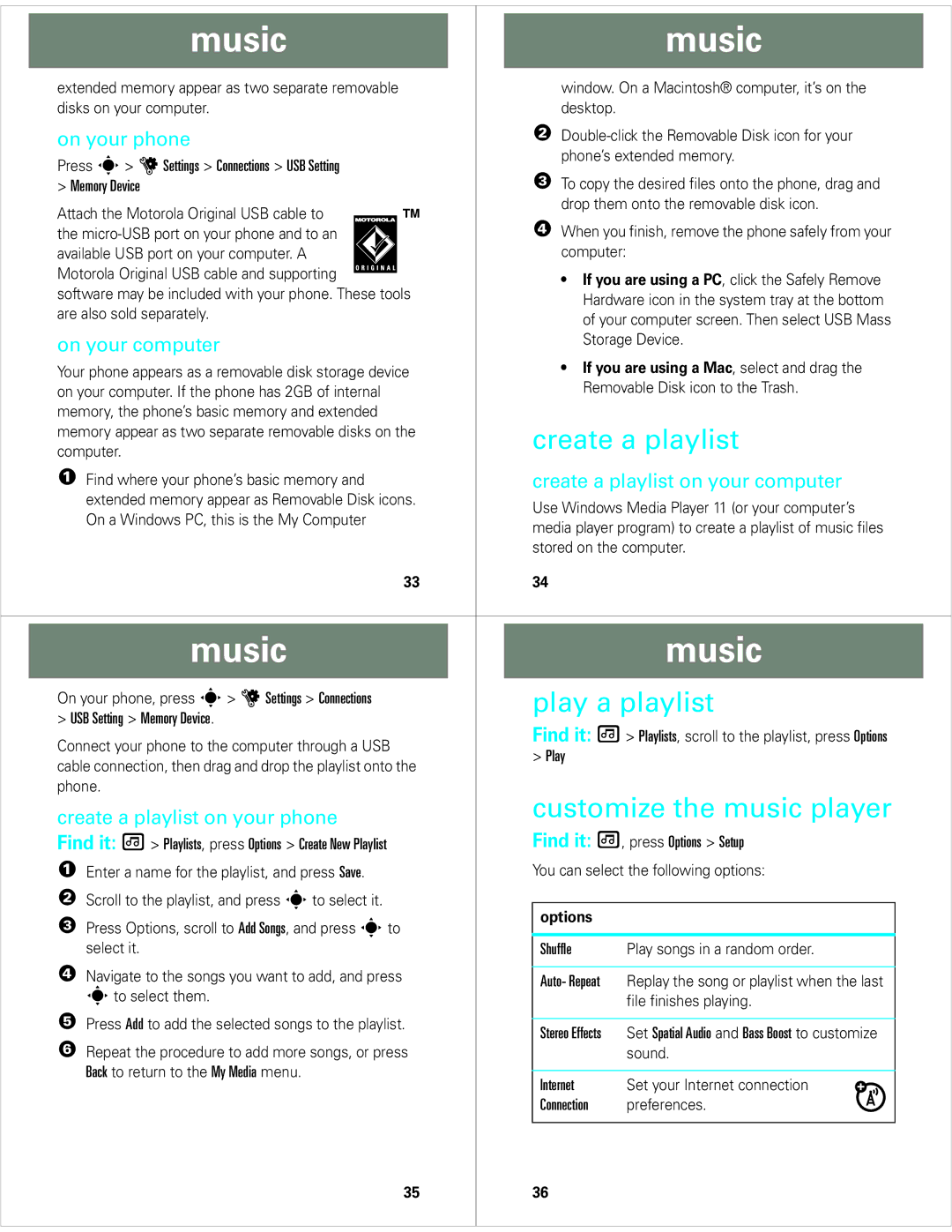 Motorola V8 manual Play a playlist, Customize the music player, Create a playlist on your computer 