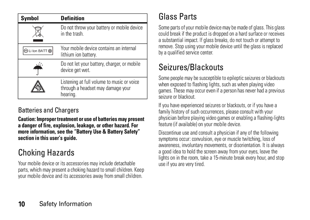 Motorola V8 manual Do not throw your battery or mobile device in the trash, Lithium ion battery 