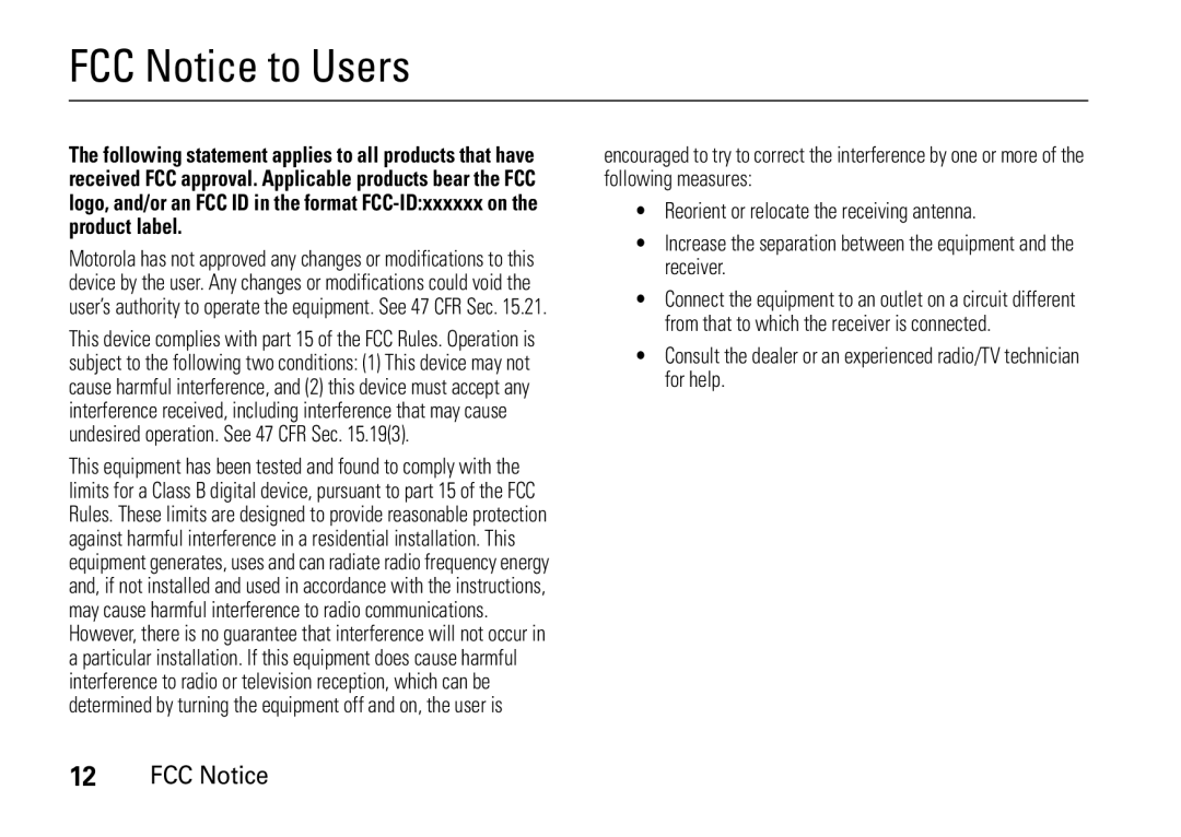 Motorola V8 manual FCC Notice to Users 