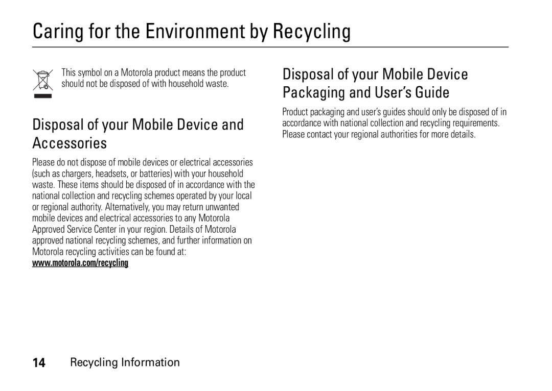 Motorola V8 manual Caring for the Environment by Recycling, Recycling Information 