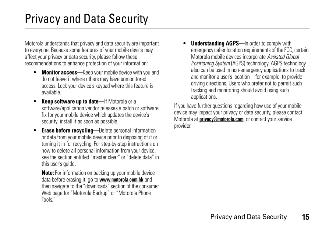 Motorola V8 manual Privacy and Data Security 