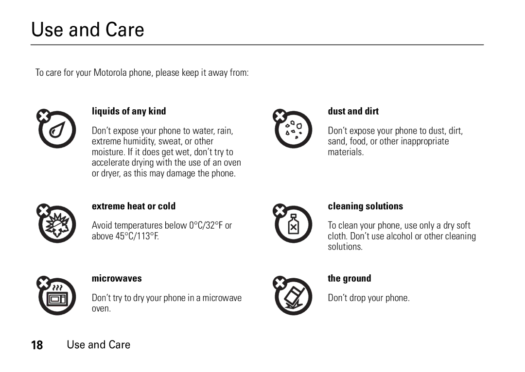 Motorola V8 manual Use and Care 