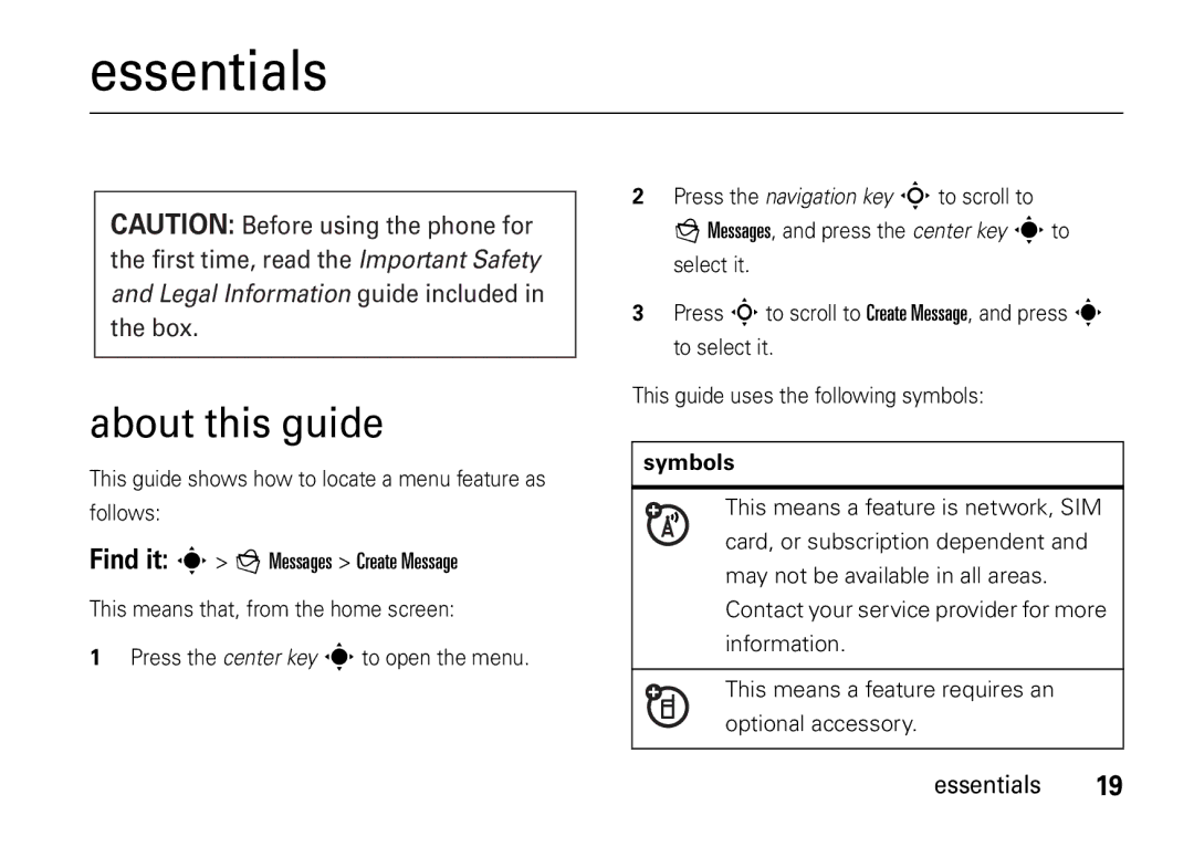 Motorola V8 manual Essentials, About this guide, Symbols 