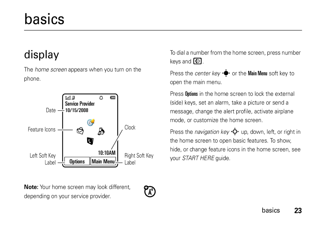 Motorola V8 manual Basics, Display 