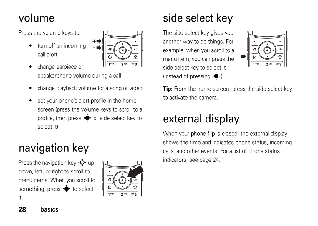 Motorola V8 manual Volume, Navigation key, Side select key, External display 