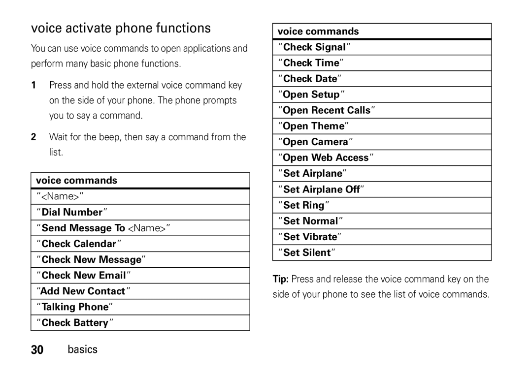 Motorola V8 Voice activate phone functions, Wait for the beep, then say a command from the list, Voice commands, Name 