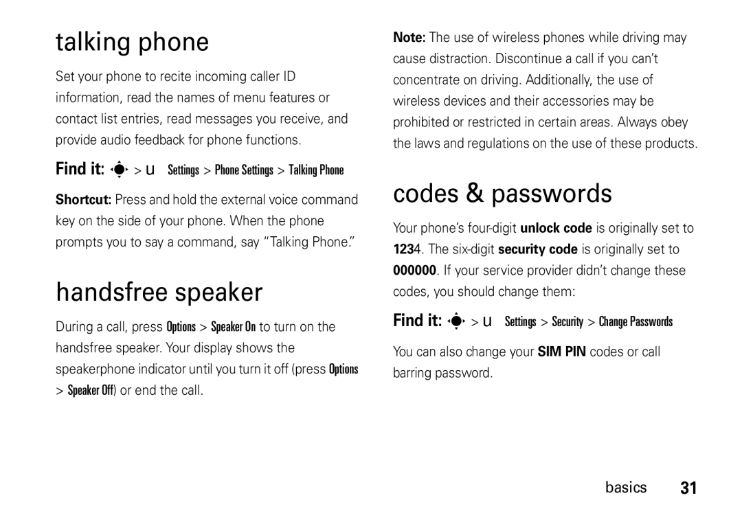 Motorola V8 manual Talking phone, Handsfree speaker, Codes & passwords 