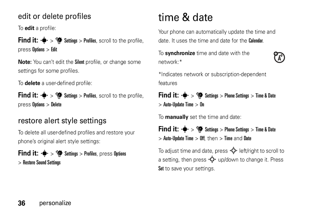 Motorola V8 manual Time & date, Edit or delete profiles, Restore alert style settings, Press Options Delete 