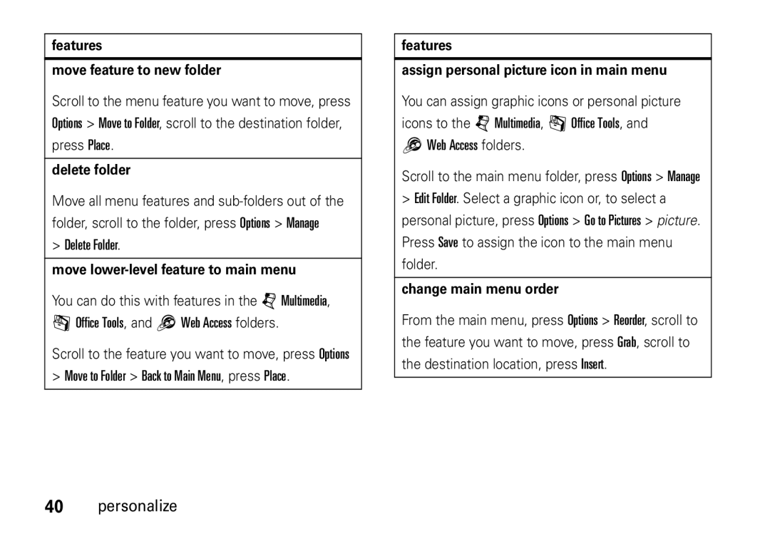 Motorola V8 manual Features Move feature to new folder, Delete folder, Move lower-level feature to main menu 