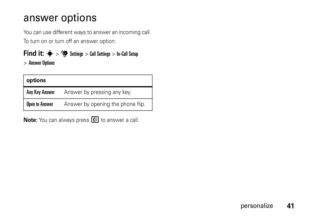 Motorola V8 manual Answer options, Options 