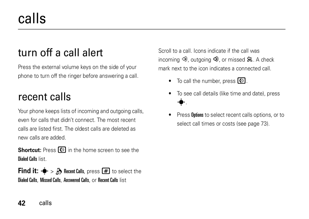 Motorola V8 manual Calls, Turn off a call alert, Recent calls 