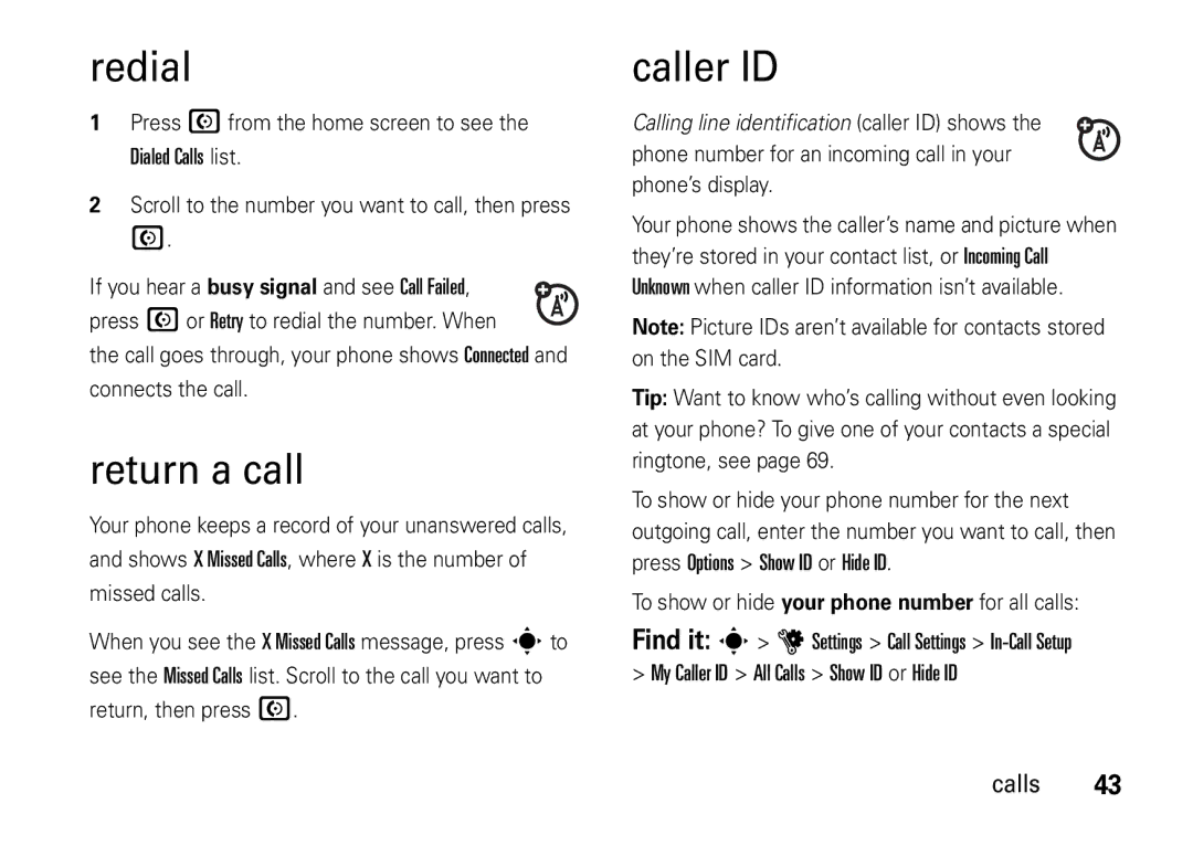 Motorola V8 manual Redial, Return a call, Caller ID 