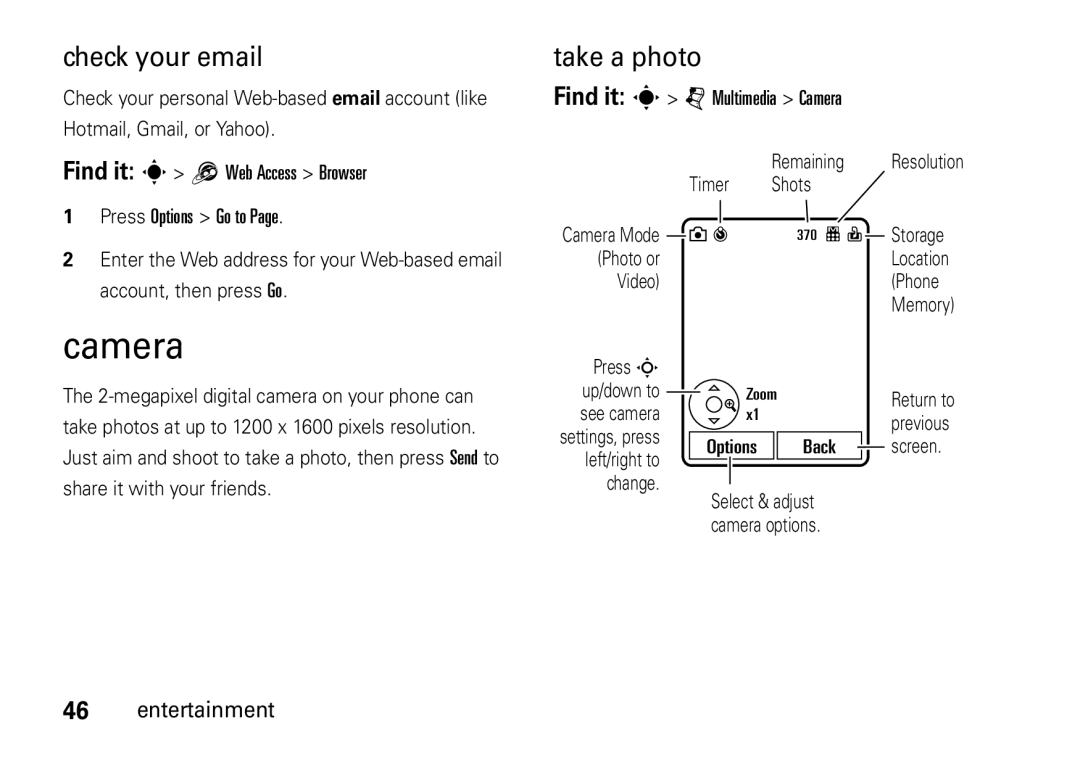 Motorola V8 manual Camera, Check your email, Take a photo 