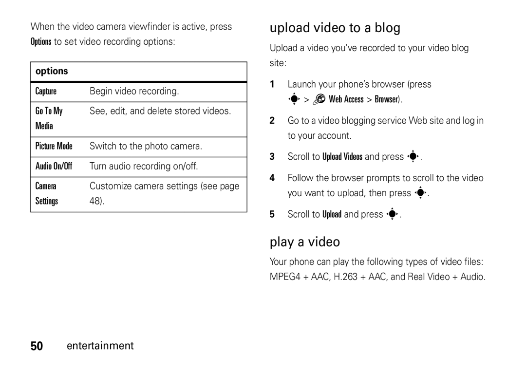 Motorola V8 manual Upload video to a blog, Play a video 