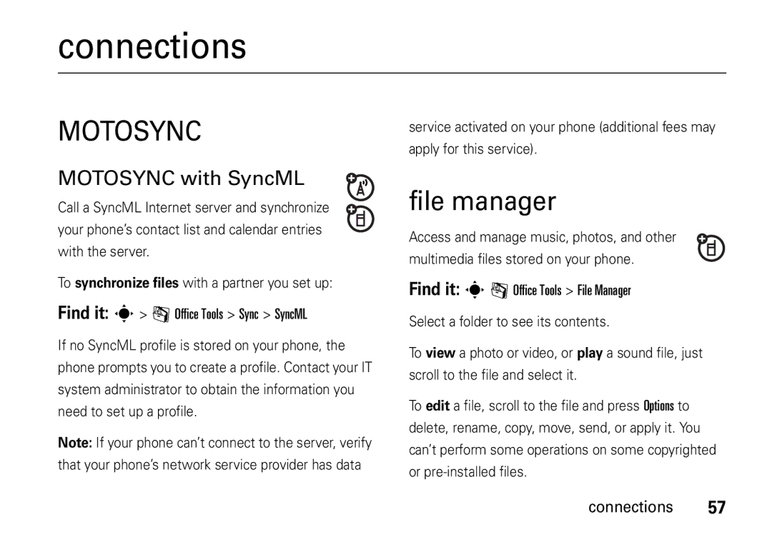 Motorola V8 manual Connections, File manager, Motosync with SyncML 