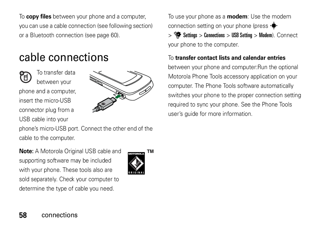 Motorola V8 manual Cable connections, Phone and a computer 