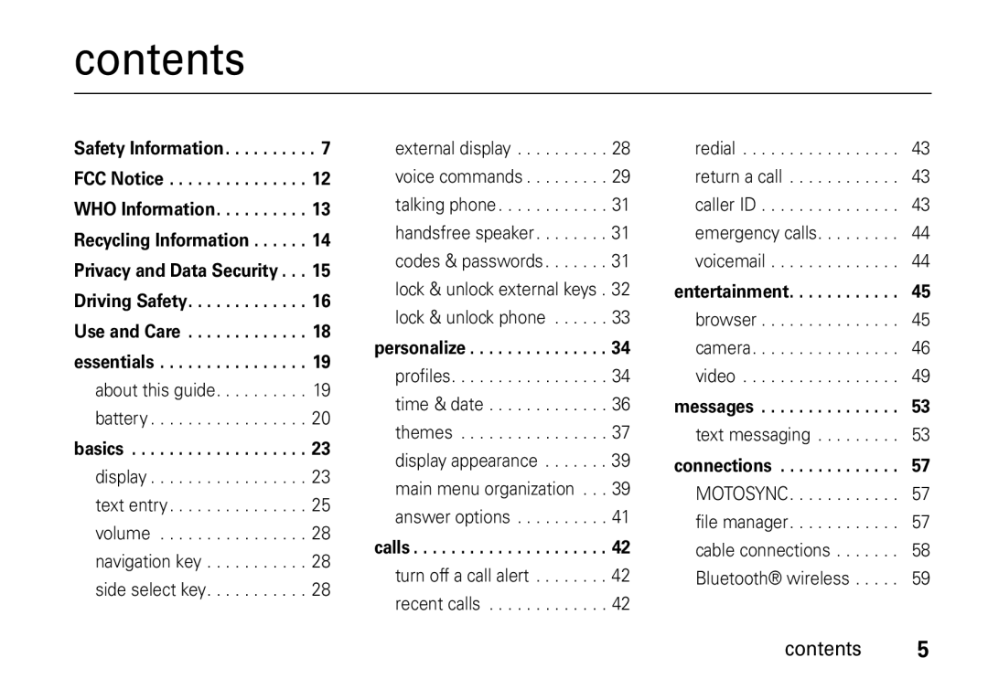 Motorola V8 manual Contents 