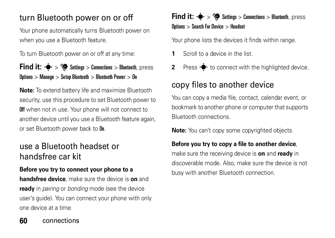 Motorola V8 Turn Bluetooth power on or off, Use a Bluetooth headset or handsfree car kit, Copy files to another device 