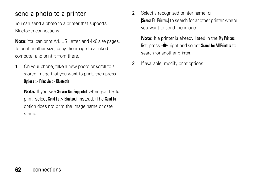 Motorola V8 manual Send a photo to a printer 