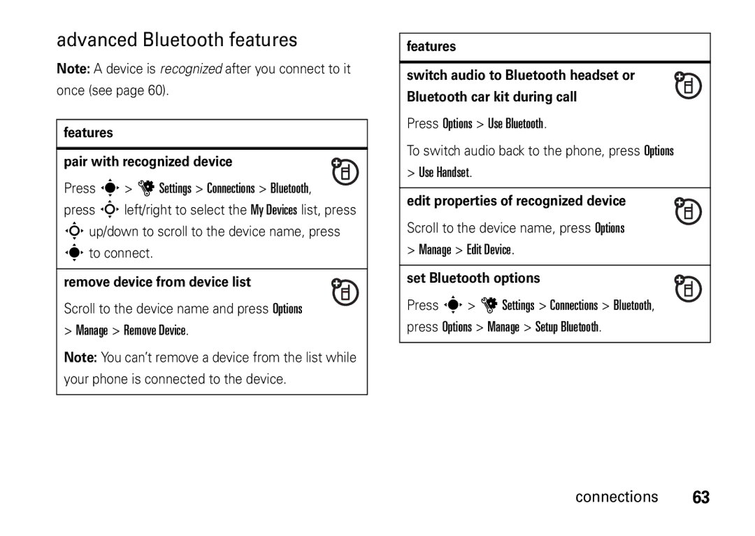 Motorola V8 manual Advanced Bluetooth features 