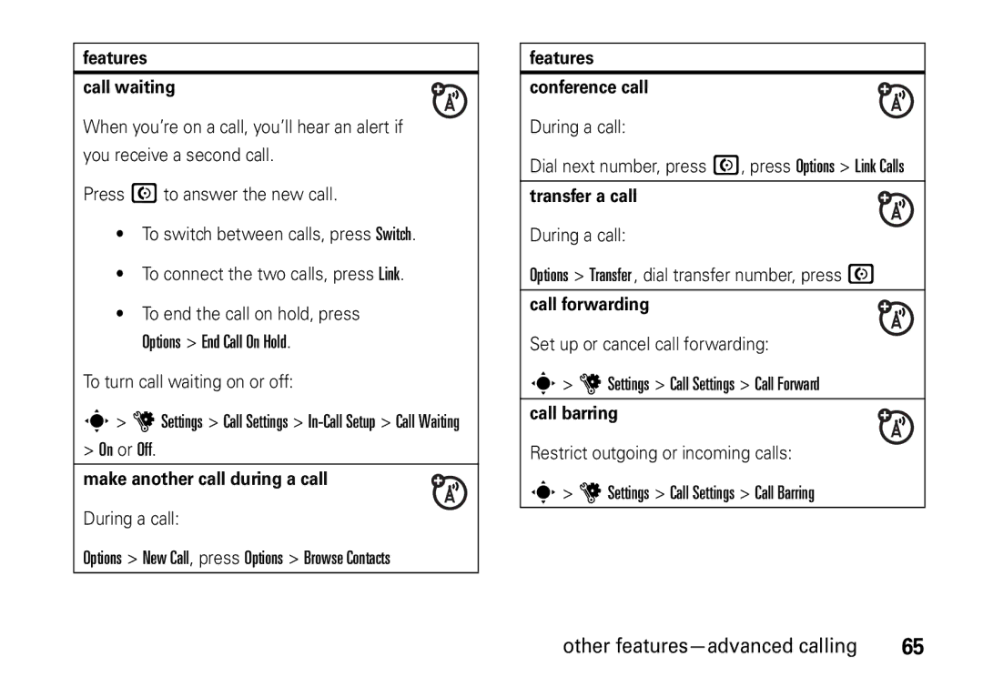 Motorola V8 manual Features Call waiting, Make another call during a call, Features Conference call, Transfer a call 