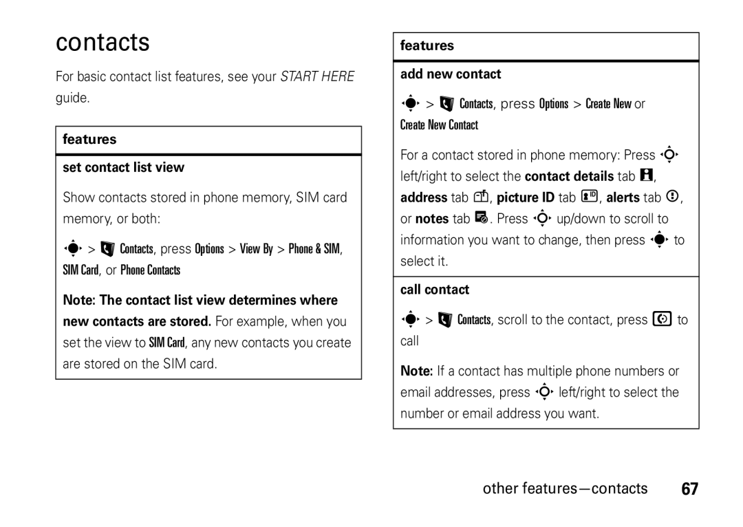 Motorola V8 manual Contacts, Other features-contacts 