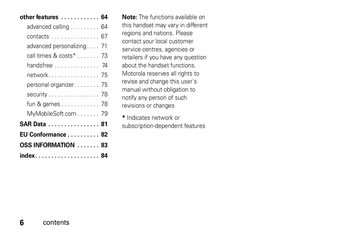 Motorola V8 manual Other features 