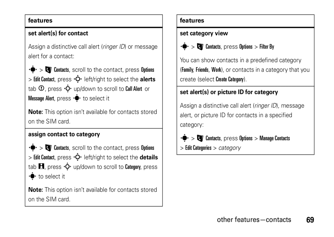 Motorola V8 manual Features Set alerts for contact, Assign contact to category, Features Set category view 