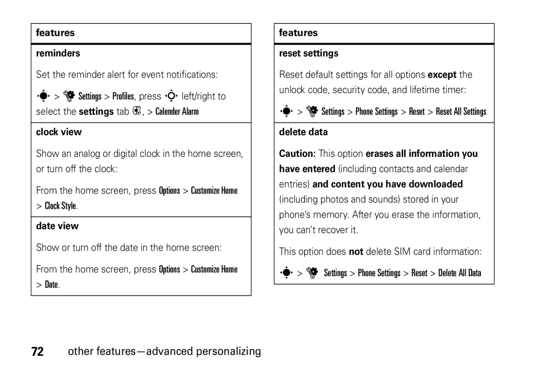 Motorola V8 manual Other features-advanced personalizing 