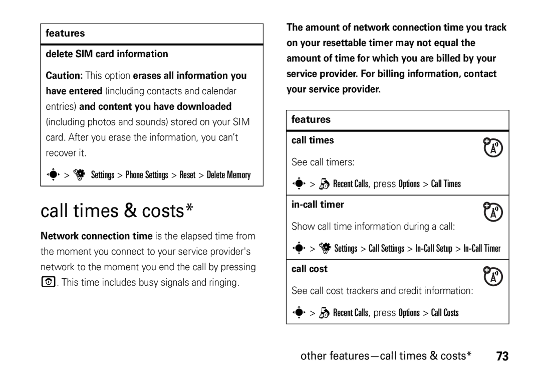 Motorola V8 manual Call times & costs, Other features-call times & costs 