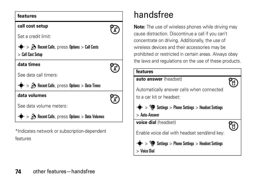 Motorola V8 manual Handsfree, Other features-handsfree 