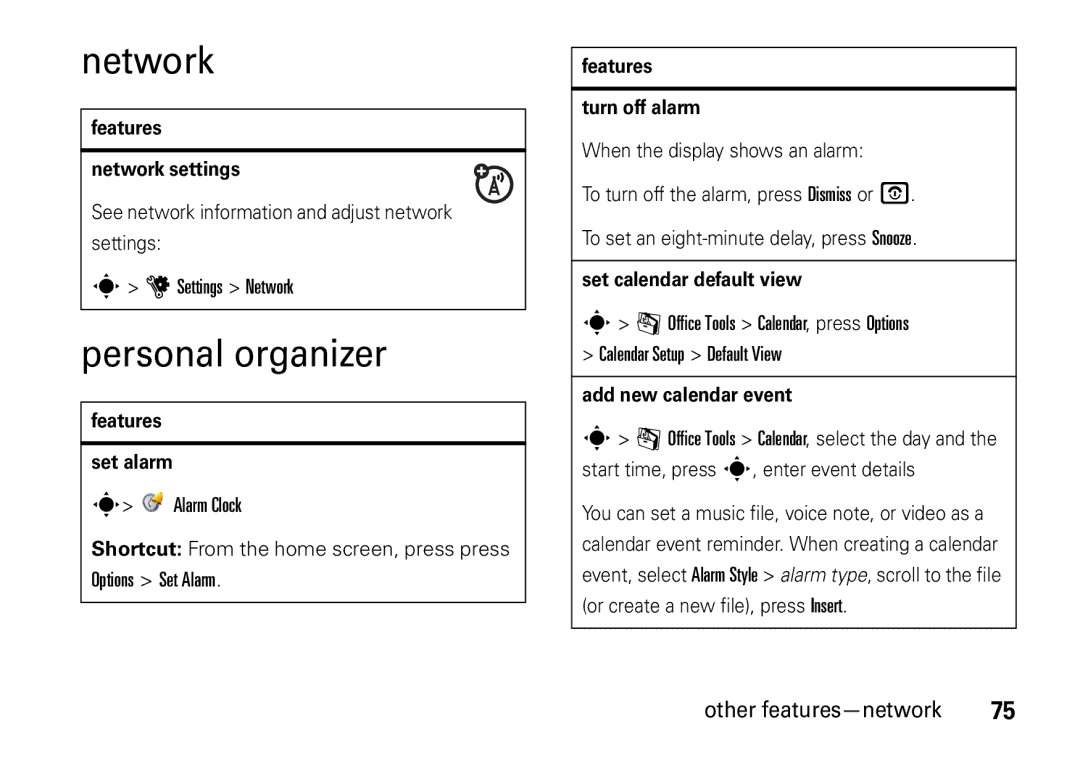 Motorola V8 manual Network, Personal organizer, Other features-network 