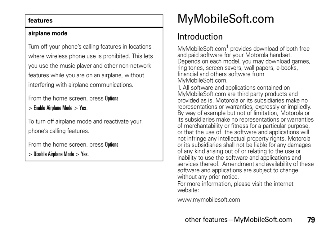 Motorola V8 manual Introduction, Other features-MyMobileSoft.com, Features Airplane mode 