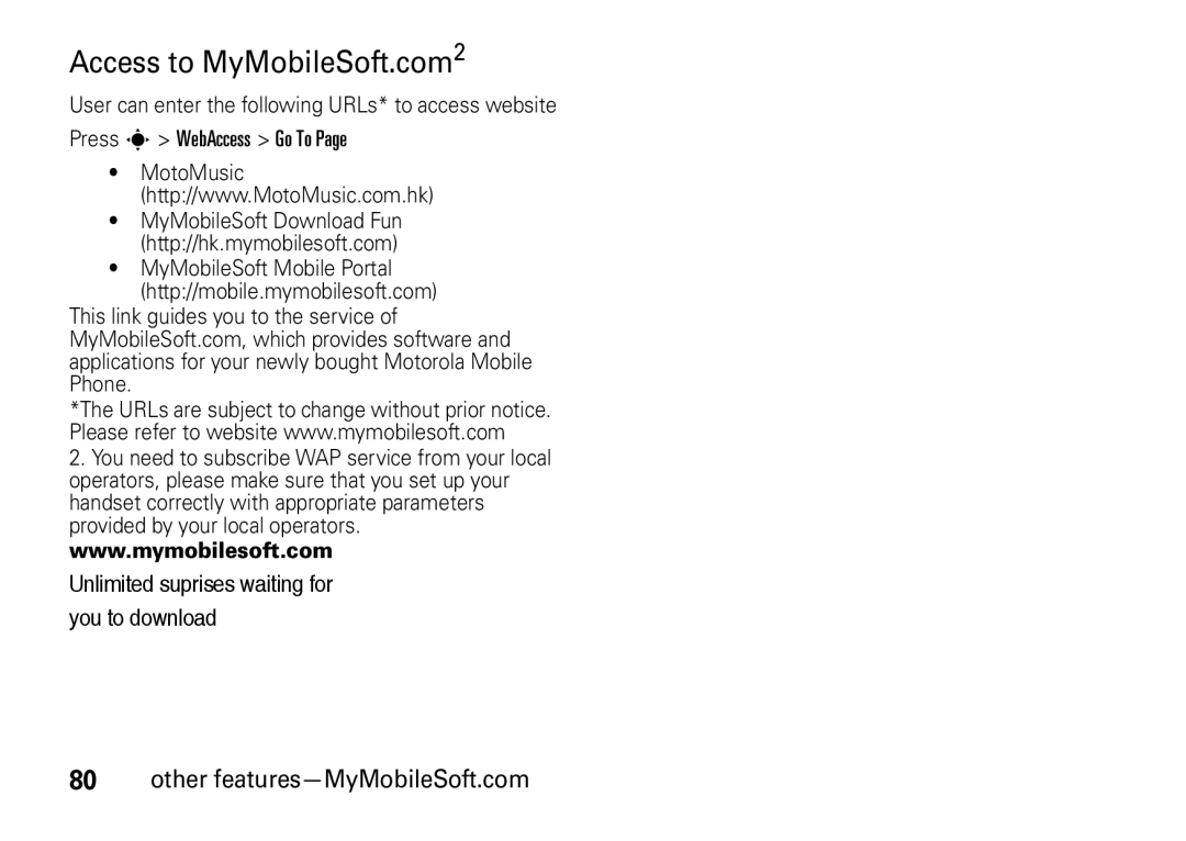 Motorola V8 manual Access to MyMobileSoft.com2 