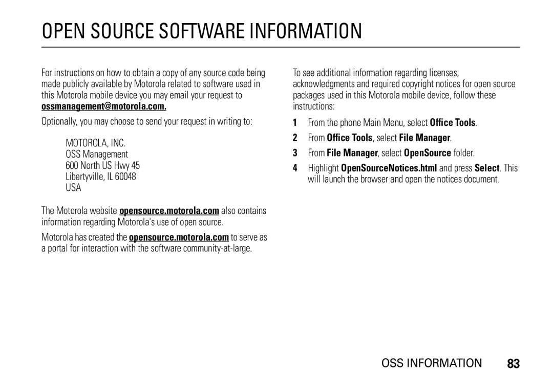 Motorola V8 manual OSS Management North US Hwy Libertyville, IL, From the phone Main Menu, select Office Tools 