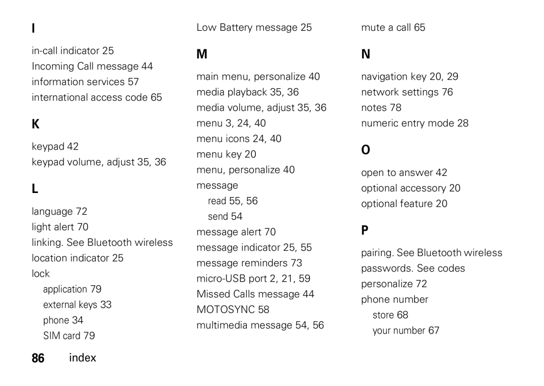 Motorola V8 manual Index 