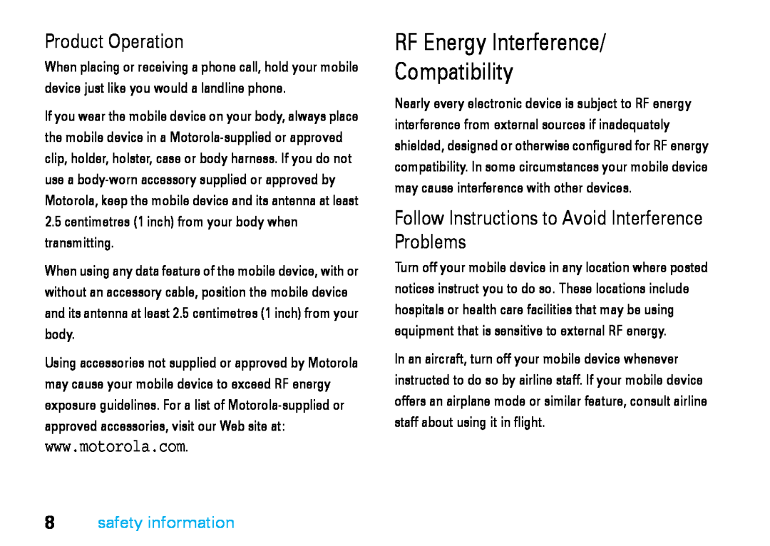 Motorola V8 RF Energy Interference Compatibility, Product Operation, Follow Instructions to Avoid Interference Problems 