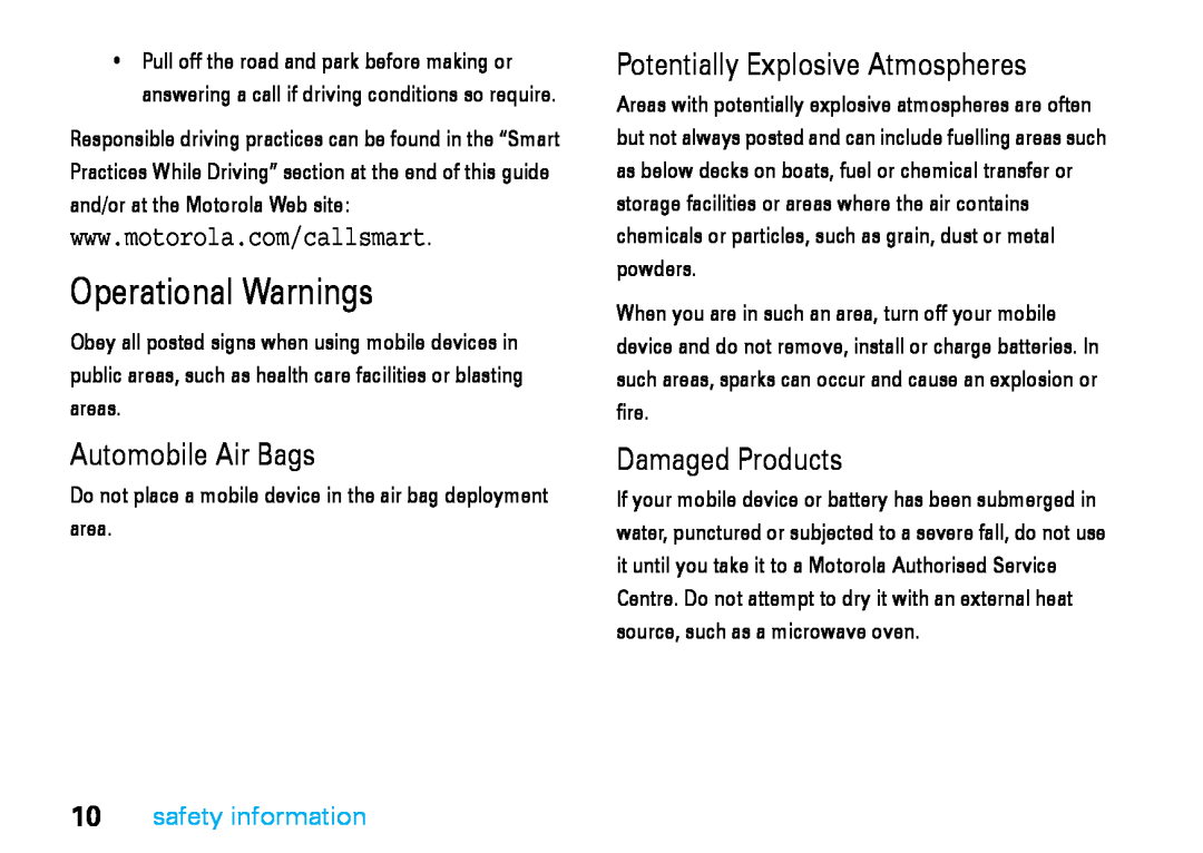 Motorola V8 manual Operational Warnings, Automobile Air Bags, Potentially Explosive Atmospheres, Damaged Products 