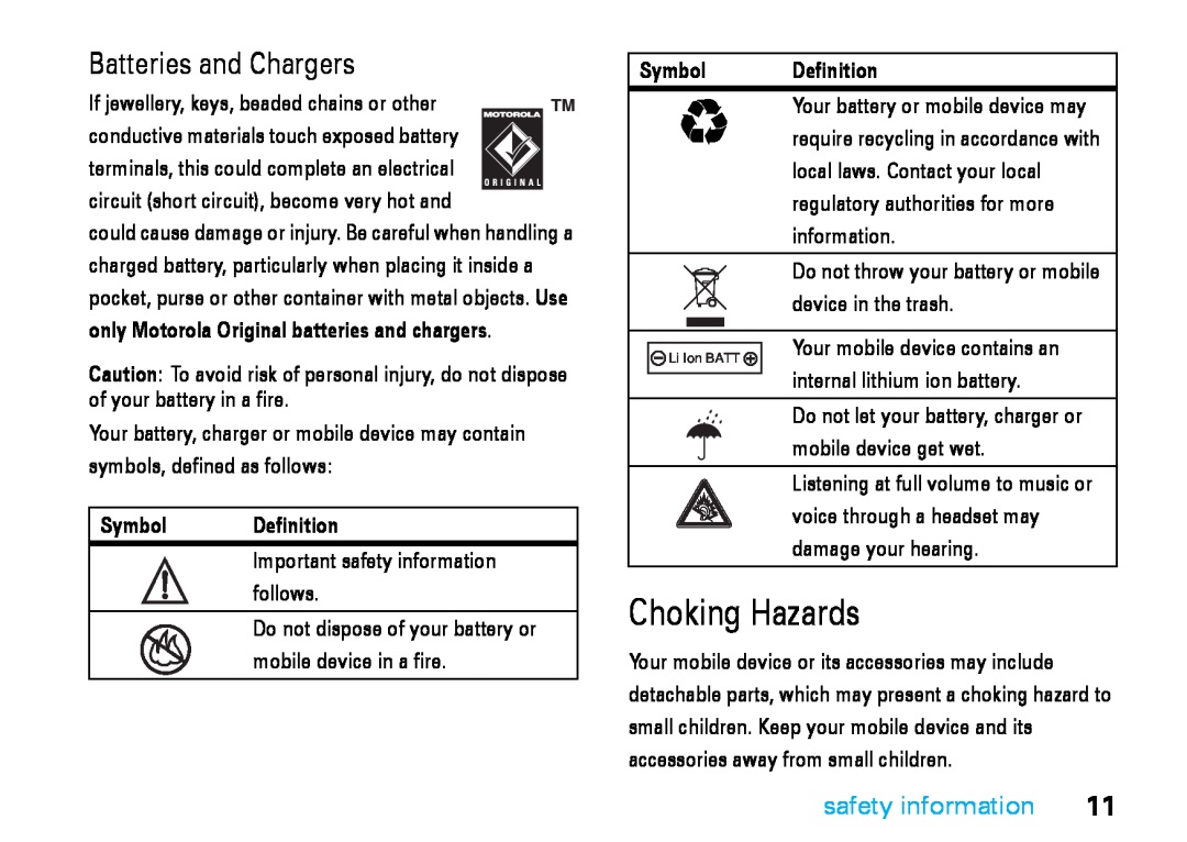 Motorola V8 Choking Hazards, Batteries and Chargers, Symbol Definition, only Motorola Original batteries and chargers 